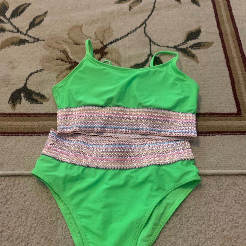 Kids Green Swimsuit with Pink Accents